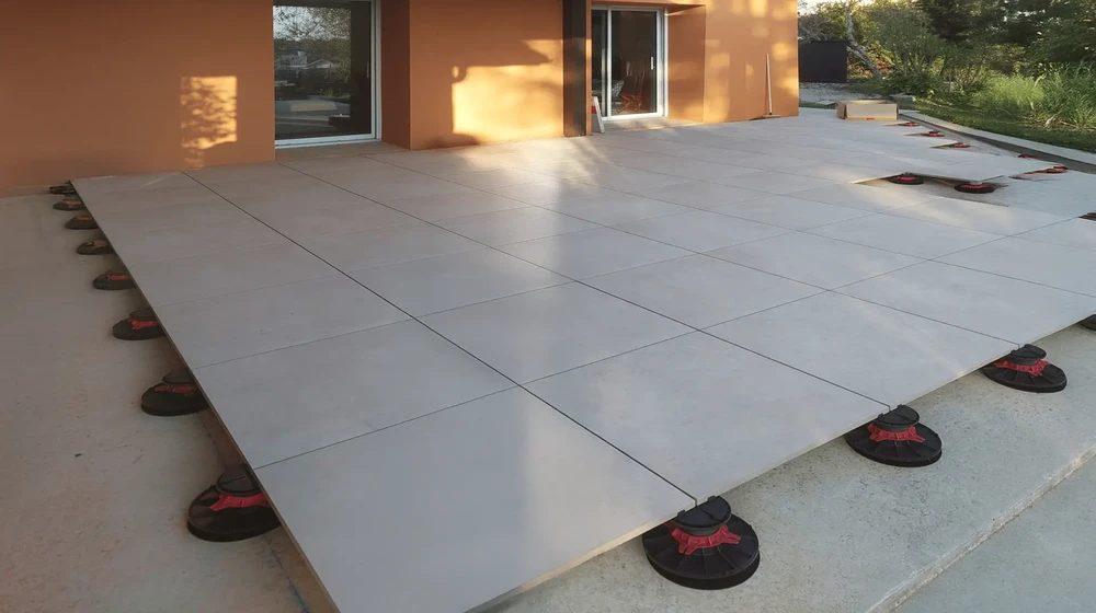 Terrasse extérieure en cours d'aménagement devant maison moderne aux murs orange