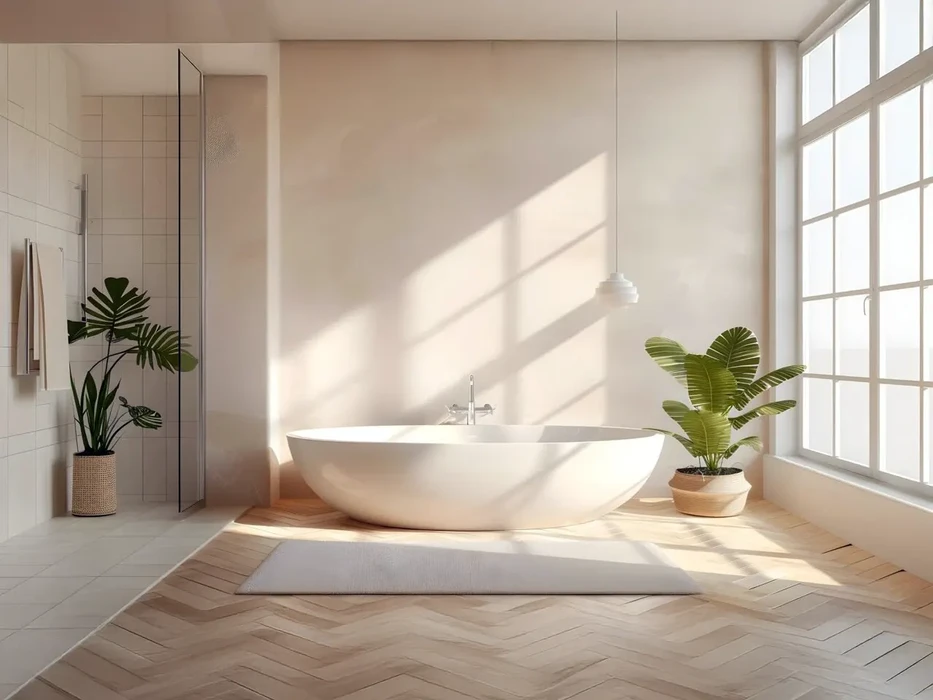 Intérieur de salle de bains moderne avec lavabo blanc et robinetterie chromée