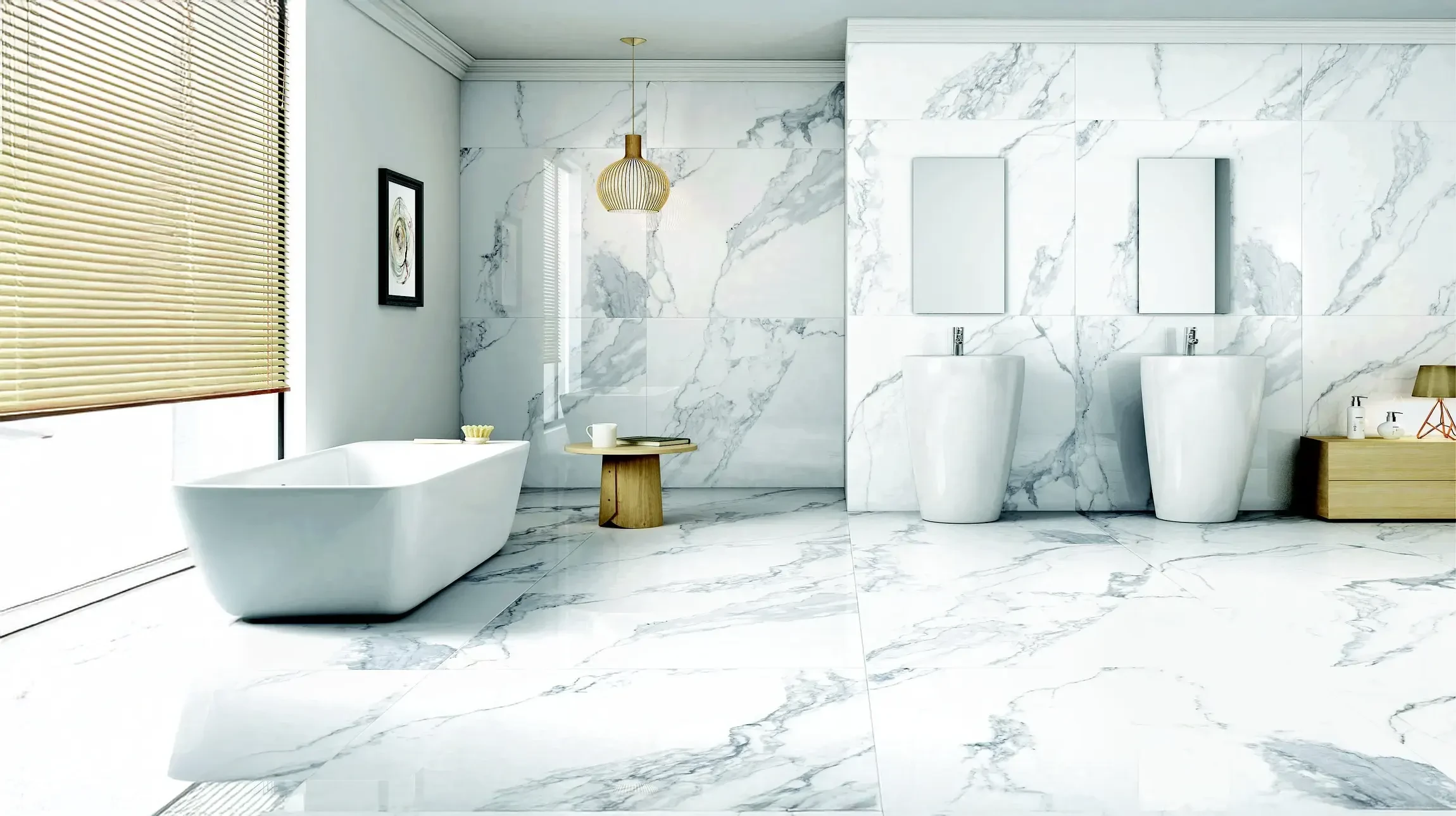 Salle de bain moderne avec baignoire &icirc;lot blanche, carrelage mural turquoise en mosa&iuml;que, double vasque sur plan de travail bois