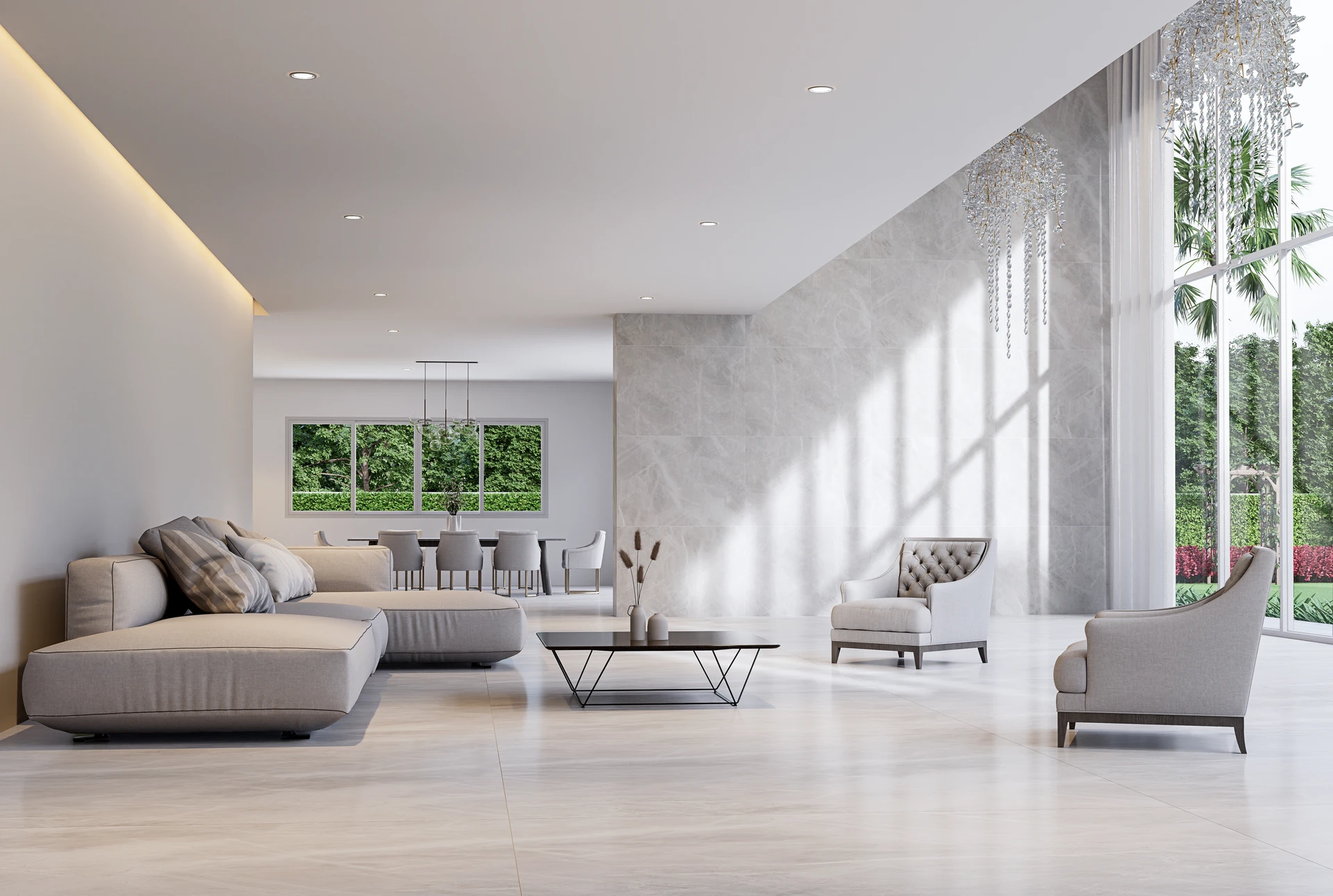 Intérieur minimaliste moderne avec meuble bas en bois sur pieds compas, mur blanc, cadre noir vide, luminaire contemporain et plante décorative