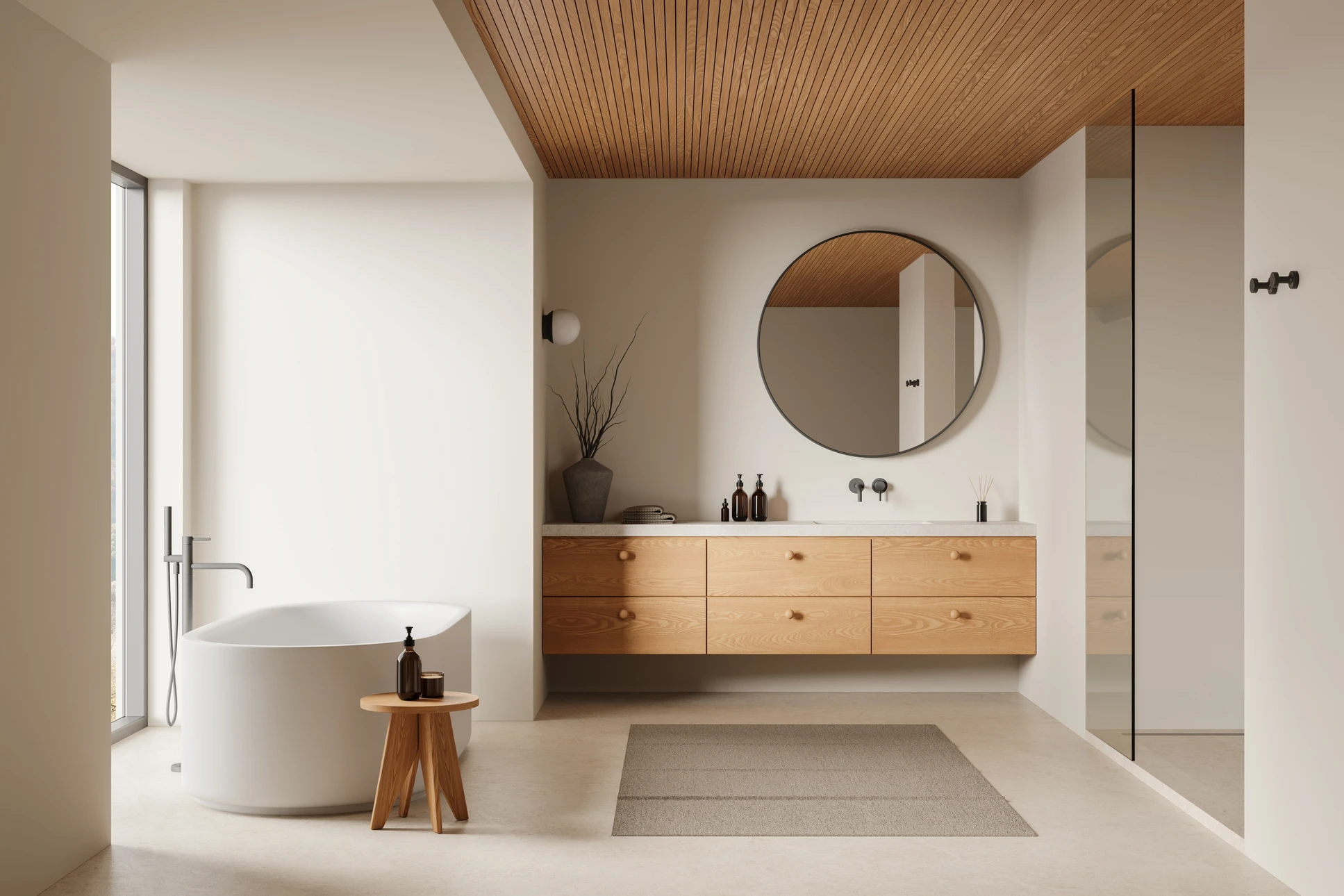 Salle de bain moderne avec douche d'angle vitrée, deux vasques sur meuble suspendu en bois clair et meuble gris anthracite
